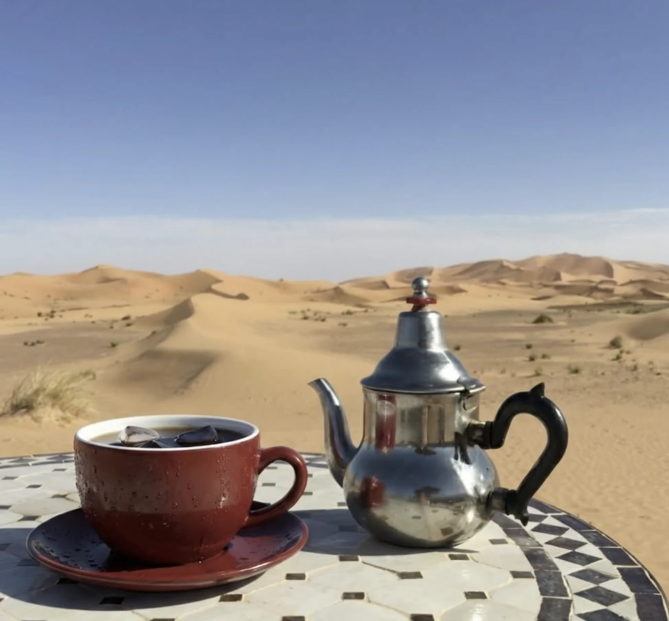 Taza de té y tetera tradicional frente a las dunas del desierto