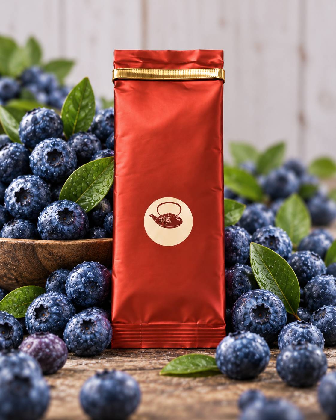Empaque rojo de Bingo Blueberry rodeado de arándanos frescos