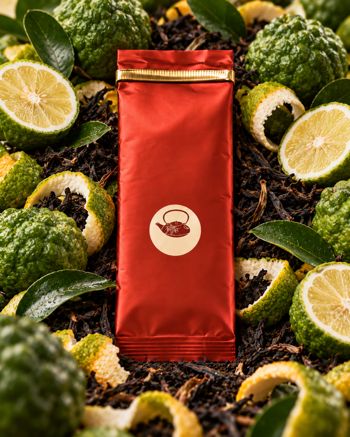 Empaque rojo de Cream Earl Grey rodeado de bergamotas y hojas de té